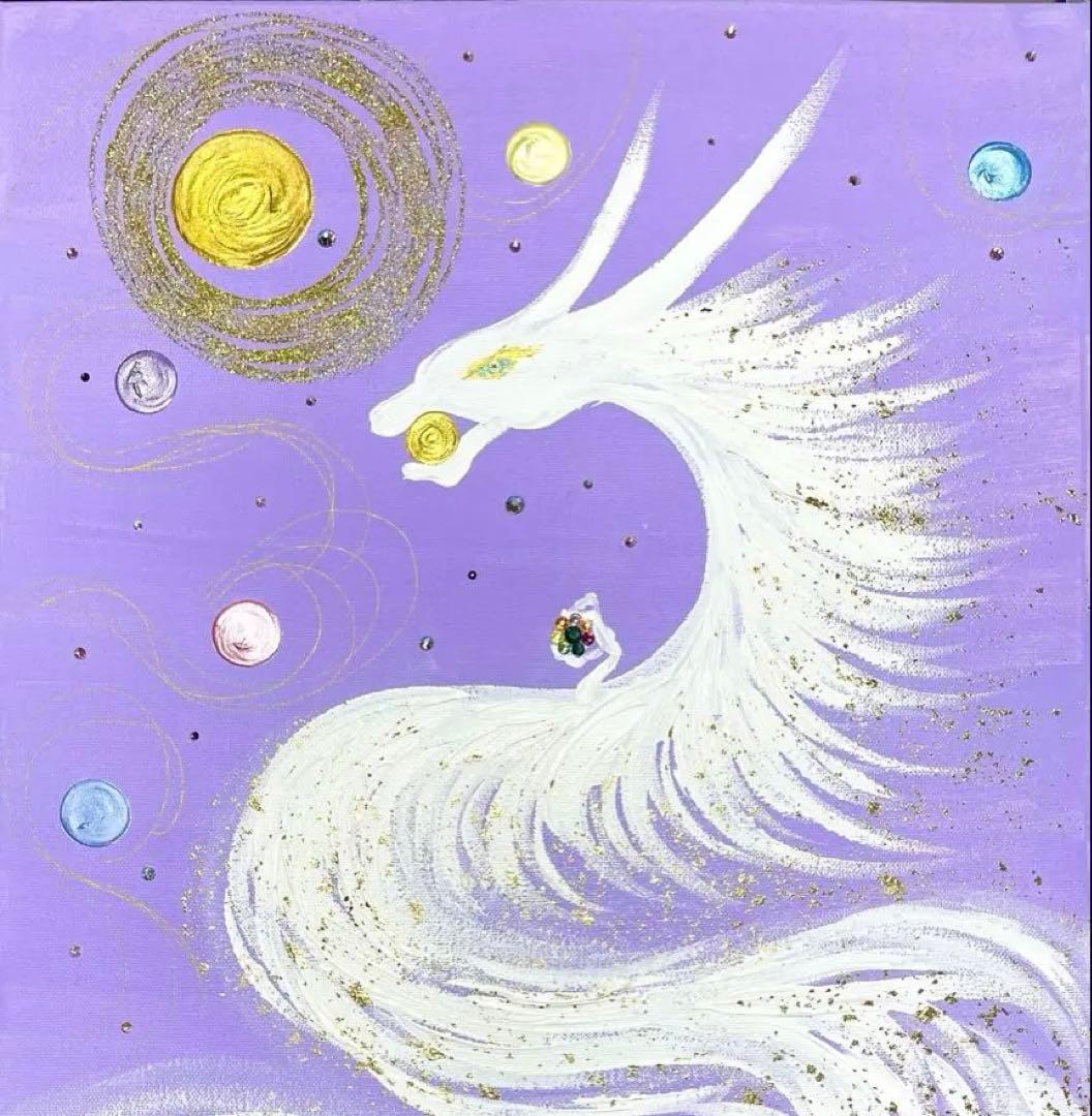 開運絵画　白龍神様　蓮の花７色　守護龍　蓮の花　運気上昇　金箔　スワロフスキー