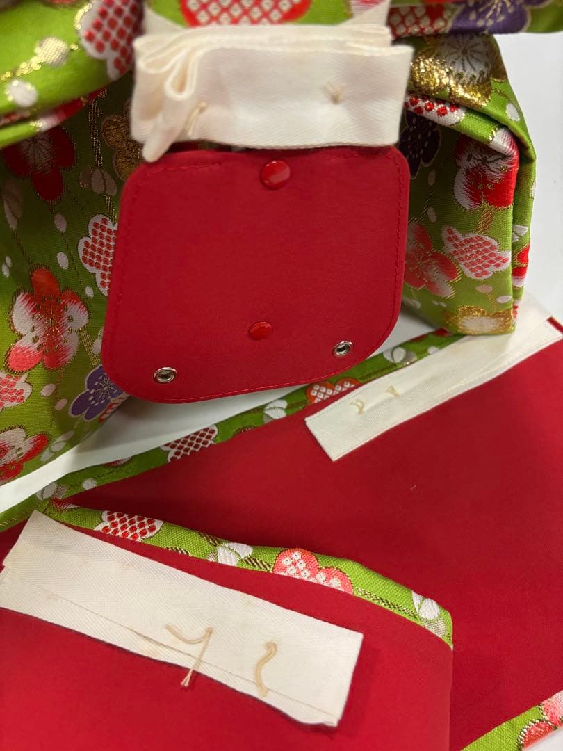 七五三　新品　結び帯セット　黄緑　梅　鹿子柄　カラフル装飾　日本製