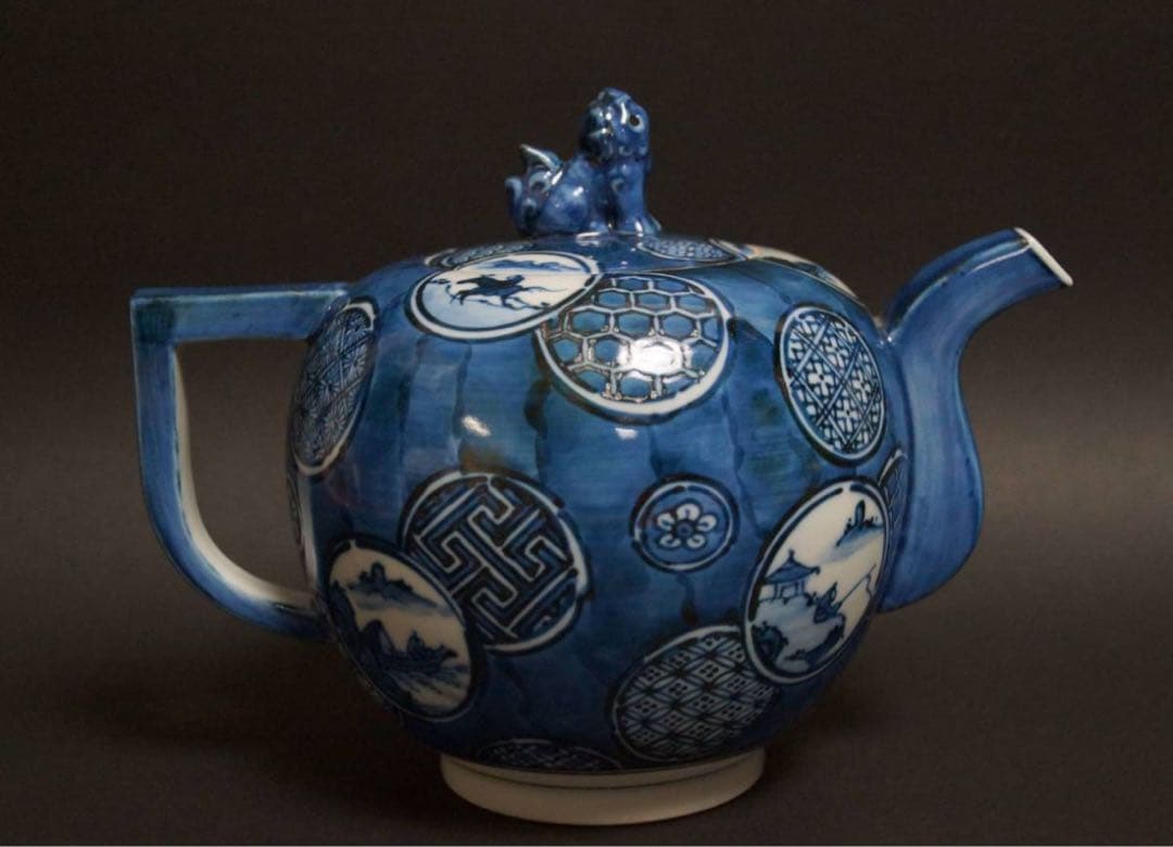 京焼 平安土山松泉造 染付古紋青華祥瑞文 濃味 水注 急須 獅子摘 在銘 共箱