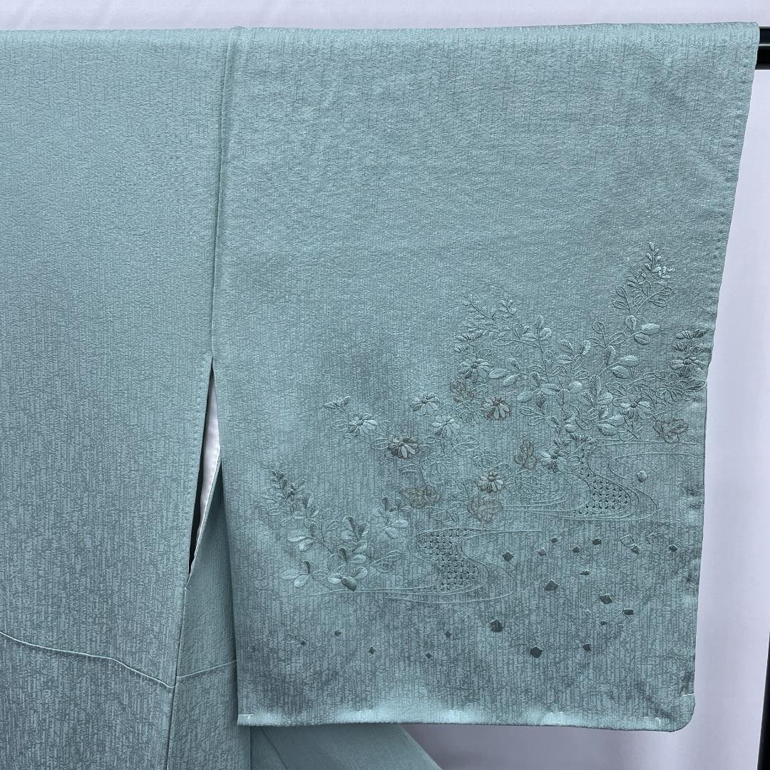 ★4074★ 訪問着 灰緑色 刺繍柄 袷 紋入り
