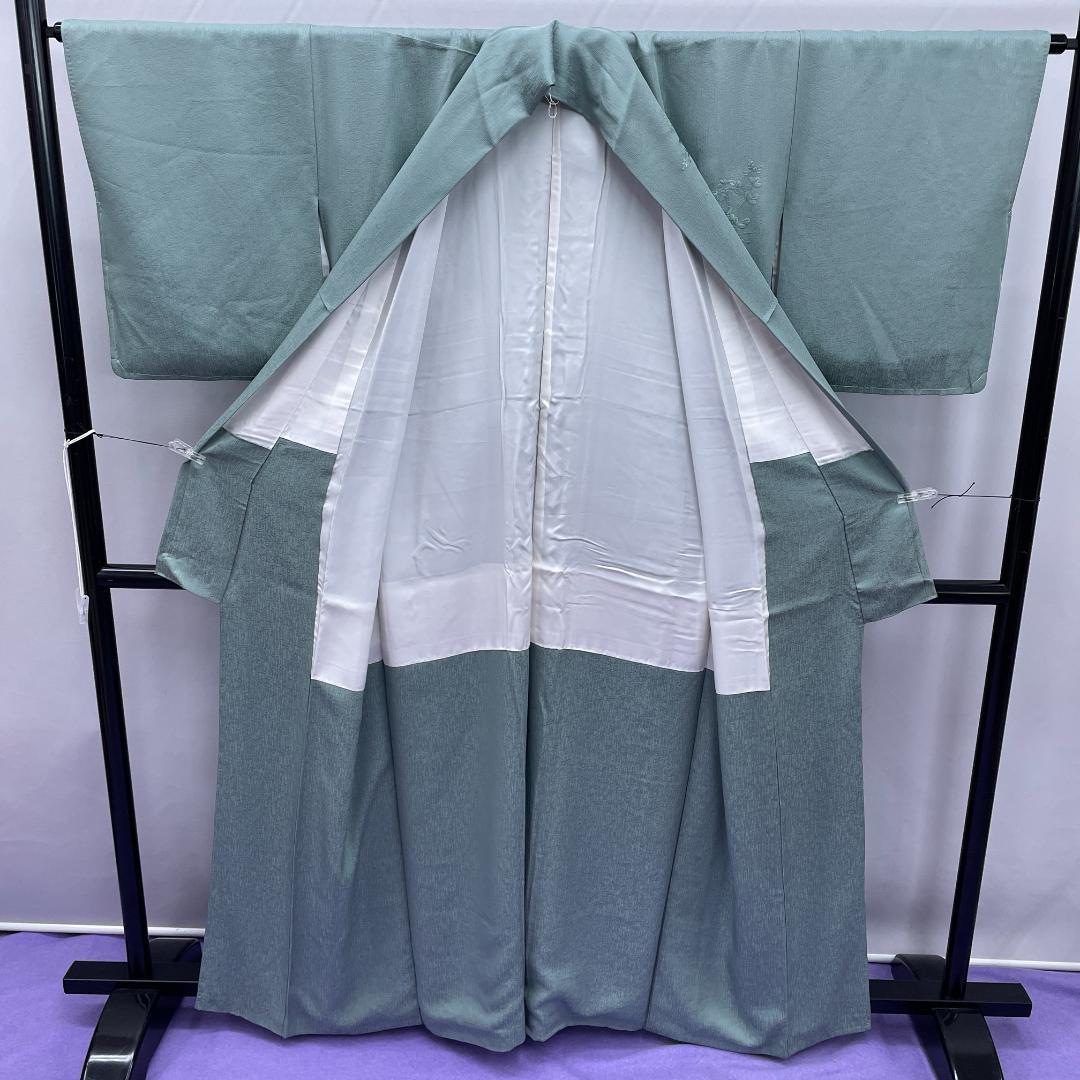 ★4074★ 訪問着 灰緑色 刺繍柄 袷 紋入り
