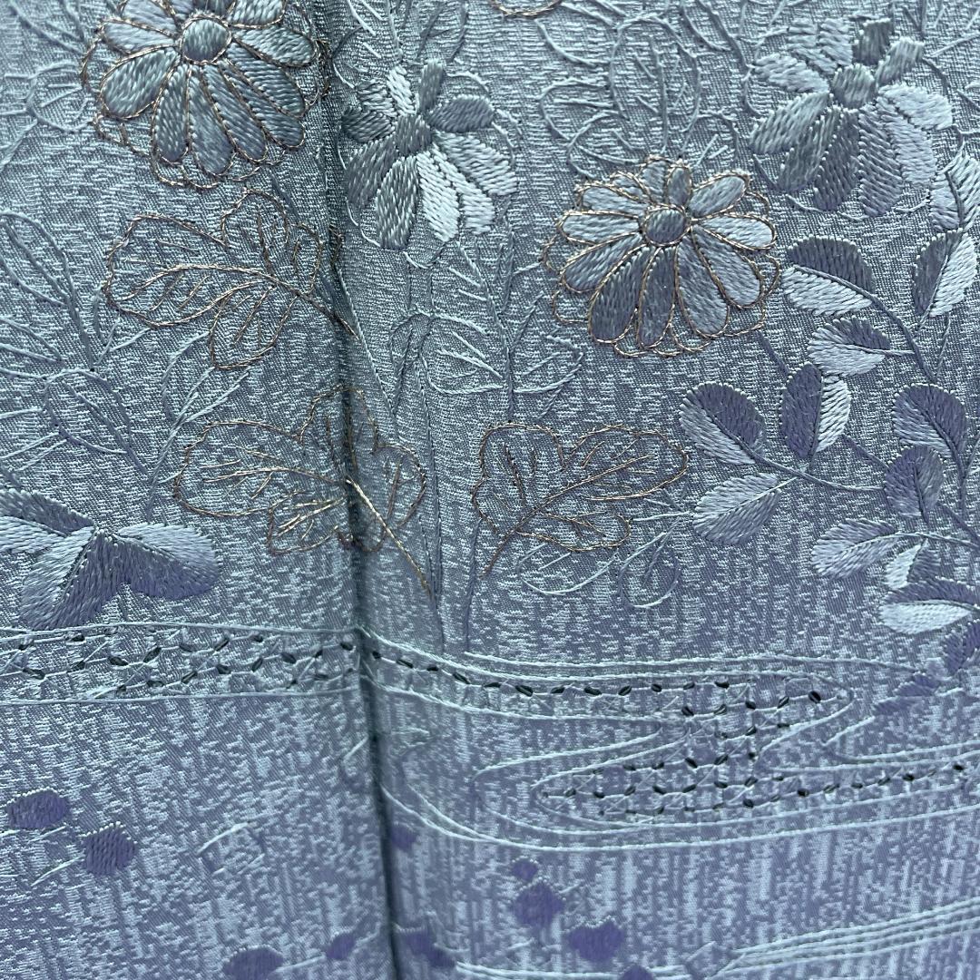 ★4074★ 訪問着 灰緑色 刺繍柄 袷 紋入り