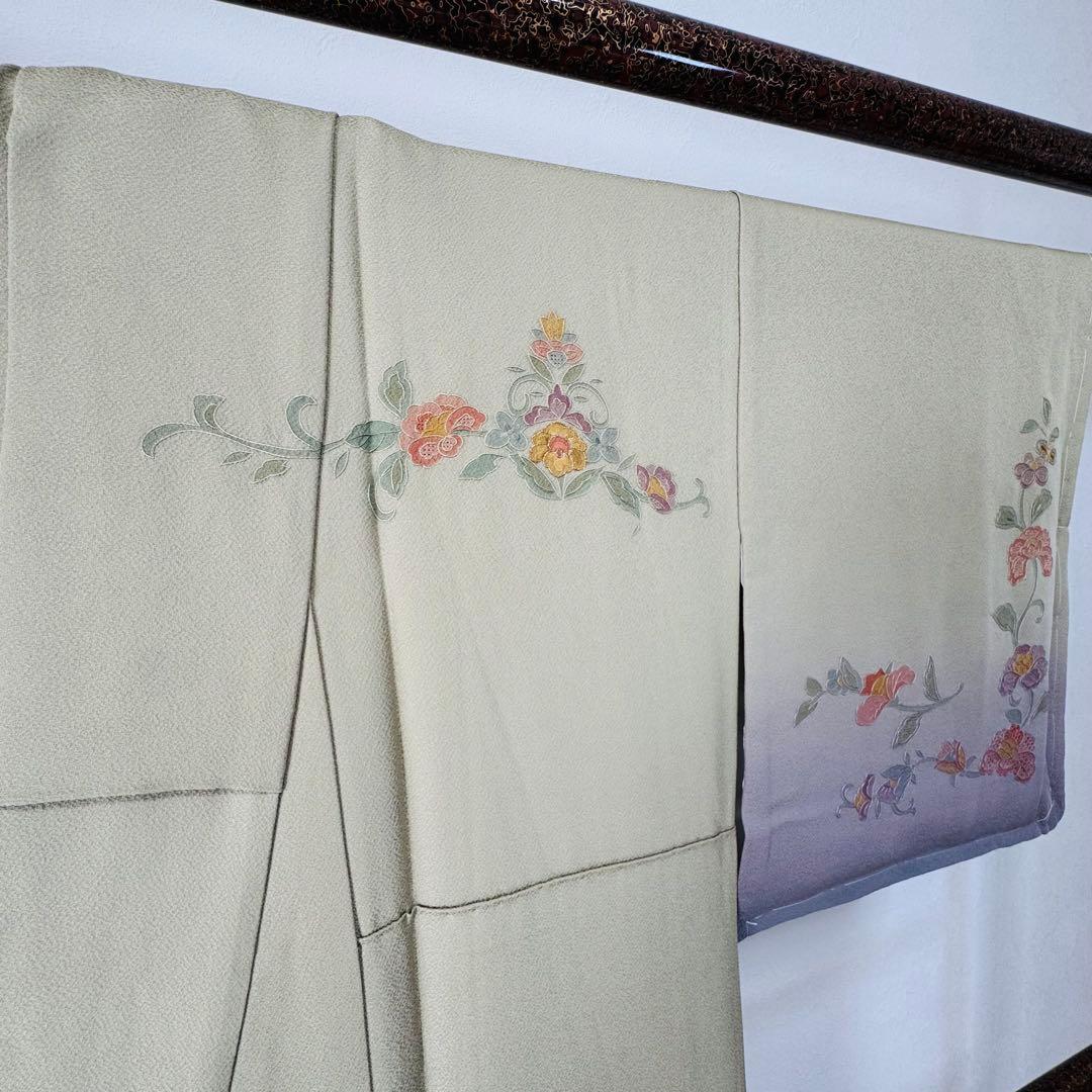 しつけ付き　正絹　袷　訪問着　着物　161裄64　汕頭刺繍　グラデ　黄緑　虹色