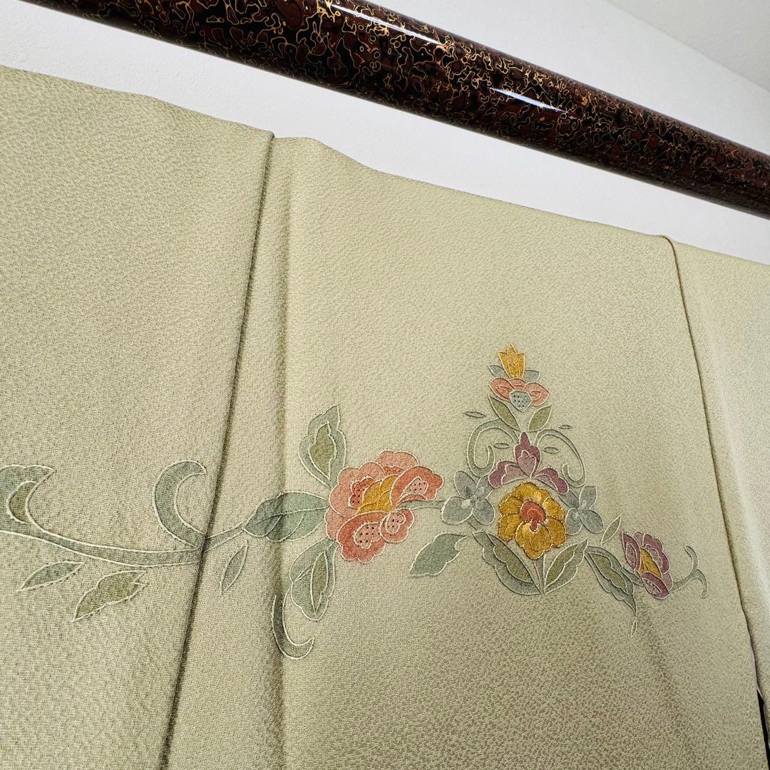 しつけ付き　正絹　袷　訪問着　着物　161裄64　汕頭刺繍　グラデ　黄緑　虹色