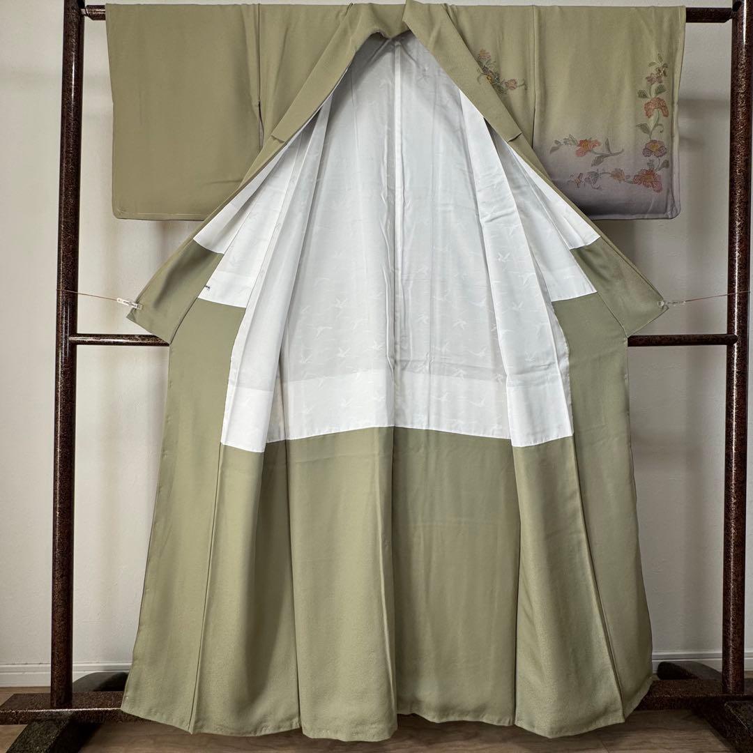 しつけ付き　正絹　袷　訪問着　着物　161裄64　汕頭刺繍　グラデ　黄緑　虹色