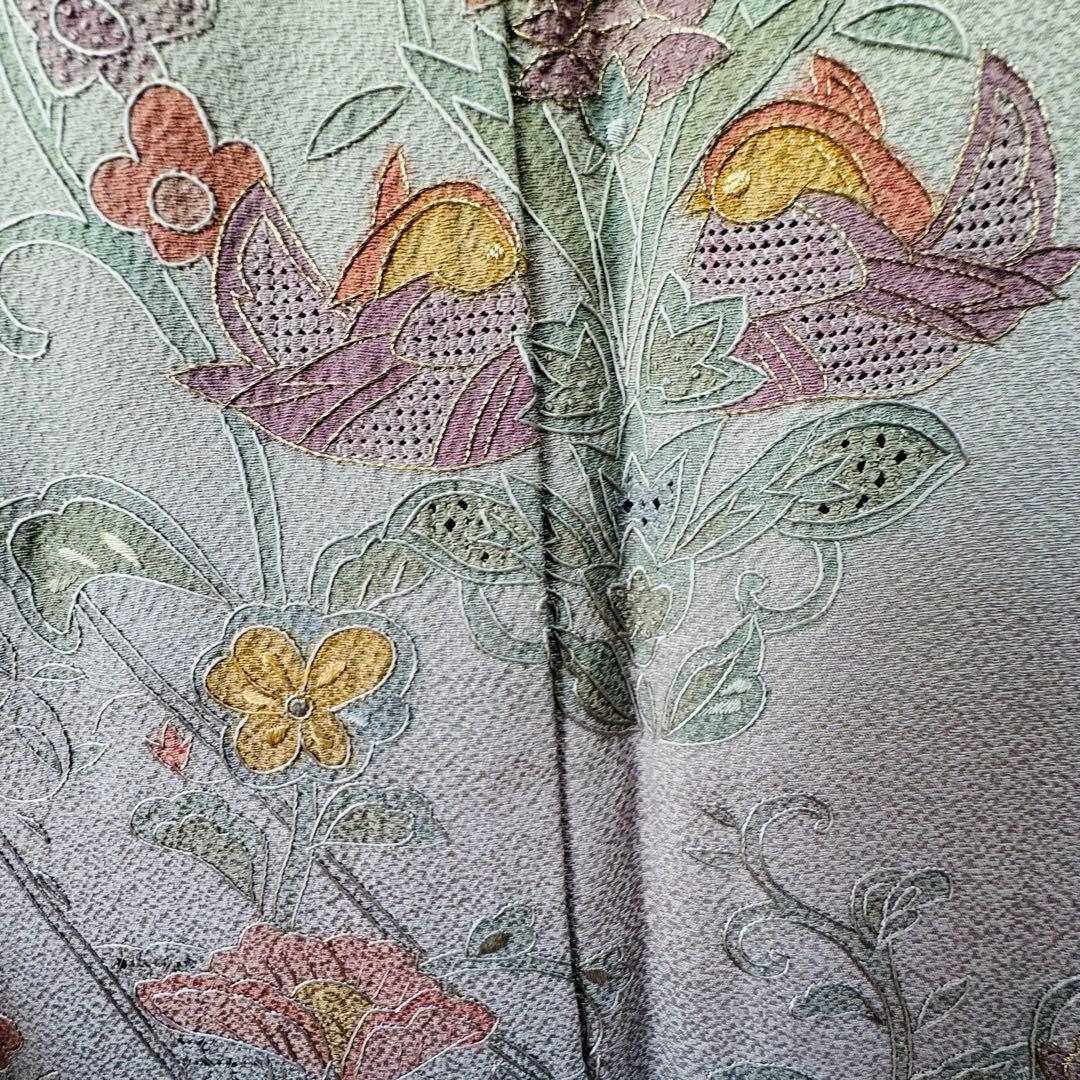 しつけ付き　正絹　袷　訪問着　着物　161裄64　汕頭刺繍　グラデ　黄緑　虹色