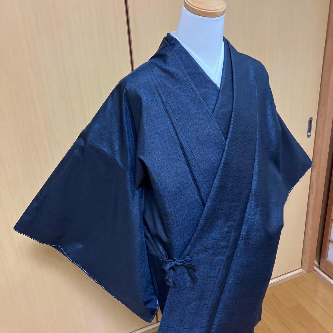 大島紬 ASアンサンブル 着物と道中着セット 藍色大島 麻の葉模様