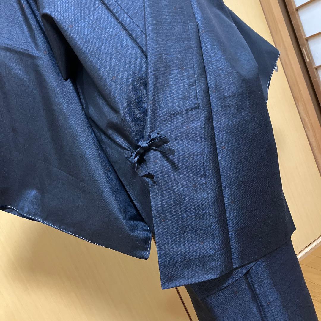 大島紬 ASアンサンブル 着物と道中着セット 藍色大島 麻の葉模様