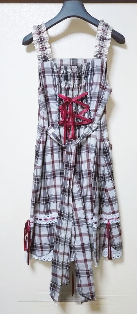 裾スカラップタータンチェックジャンパースカート 生成×エンジ