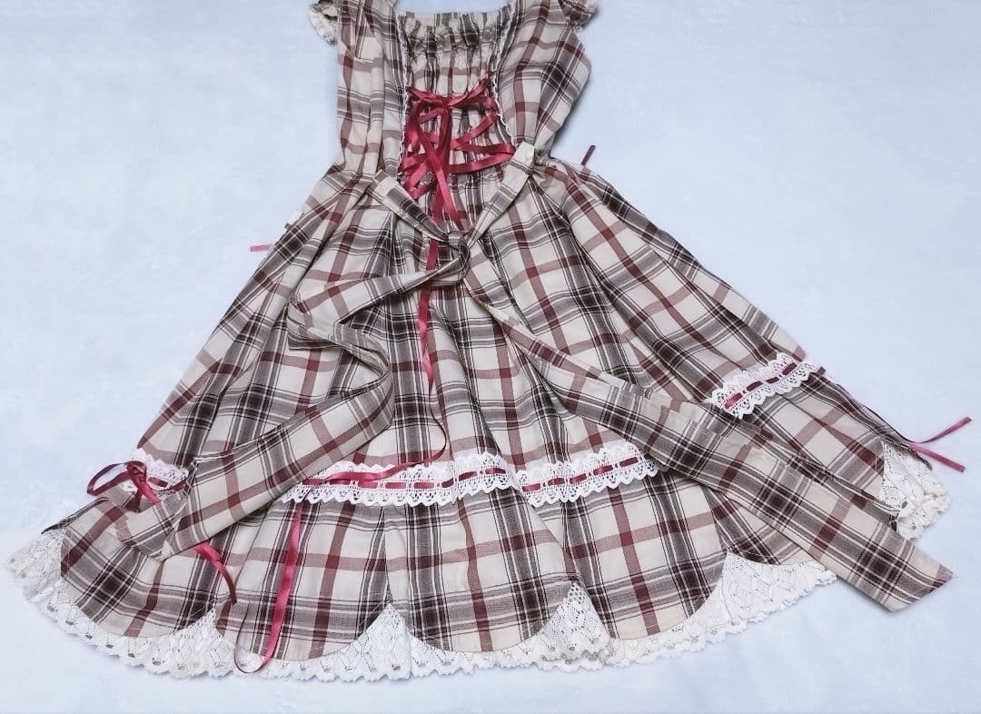 裾スカラップタータンチェックジャンパースカート 生成×エンジ