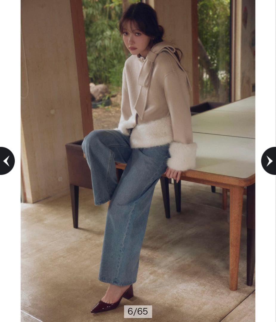 リランドチュール リボンネックファーリバーコート 薄ベージュ S