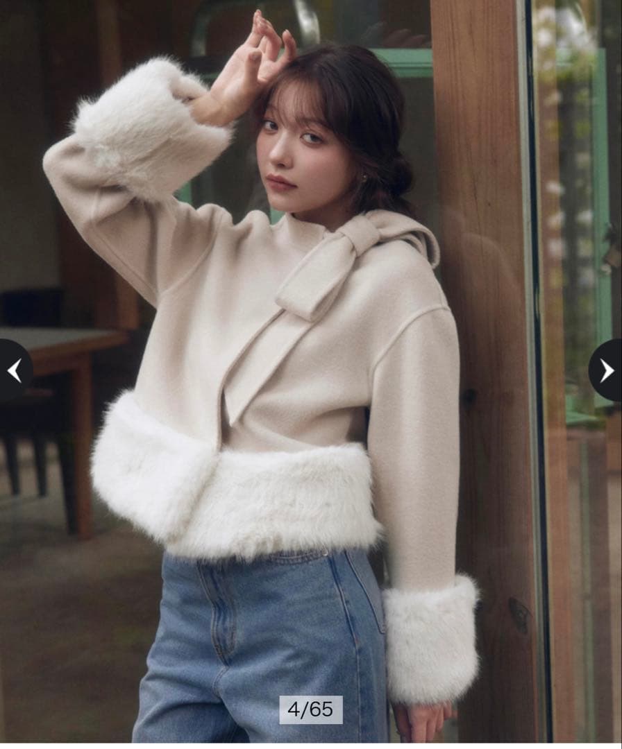 リランドチュール リボンネックファーリバーコート 薄ベージュ S