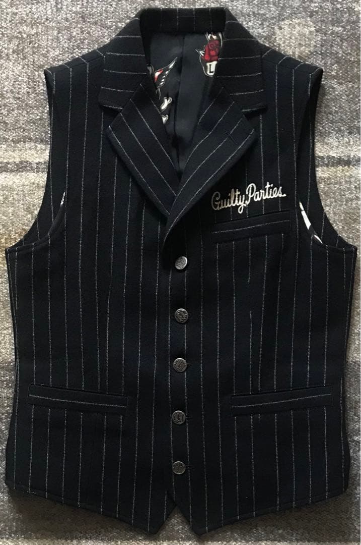 初期の名作 別格の裏地スカル柄 ワコマリア ストライプ柄 髑髏 ベスト ジレ S