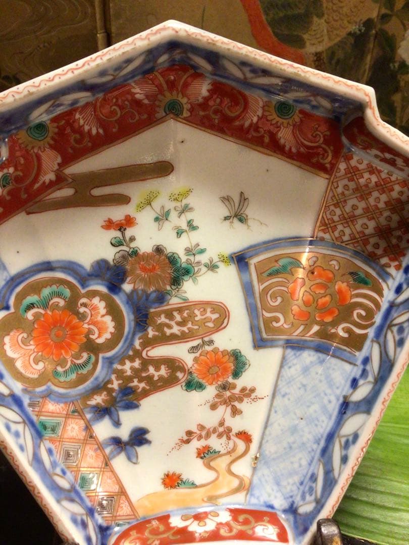 A831 古伊万里　極上　染錦手　菊に蝶　女郎花に蜂紋様　扇面皿　6枚揃え