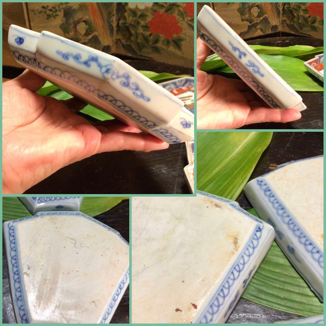 A831 古伊万里　極上　染錦手　菊に蝶　女郎花に蜂紋様　扇面皿　6枚揃え