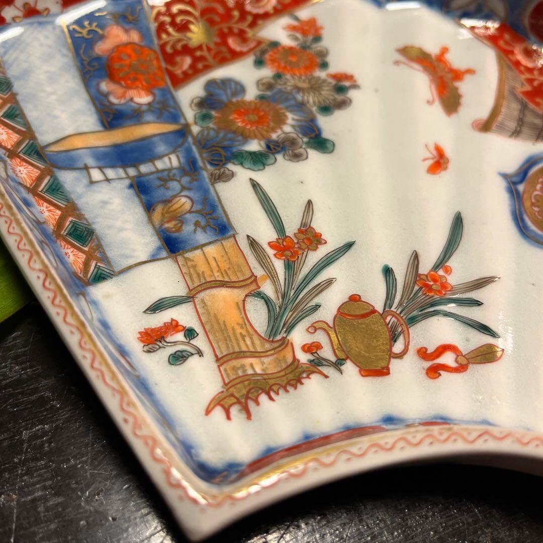 A831 古伊万里　極上　染錦手　菊に蝶　女郎花に蜂紋様　扇面皿　6枚揃え