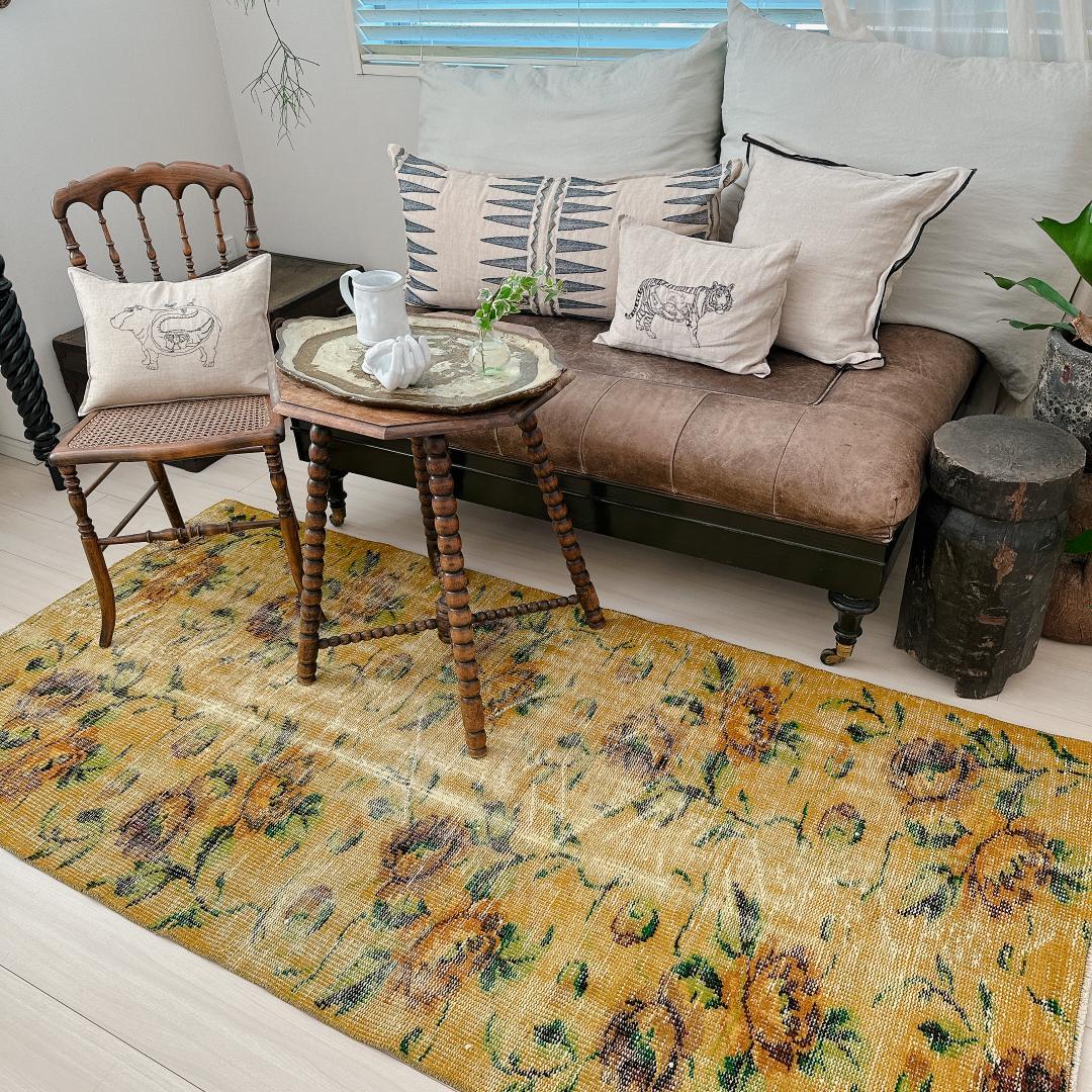 トルコヴィンテージラグ A77 レア イエロー グリーン オーバーダイラグ