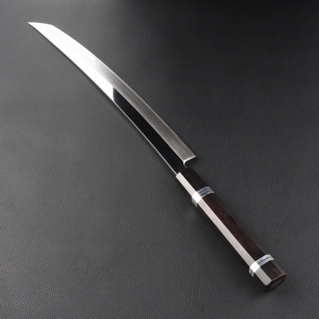11070鬼反り先丸包丁尺二鏡面仕上げ刺身包丁刃は究極の切れ味黒檀五本銀巻八角柄