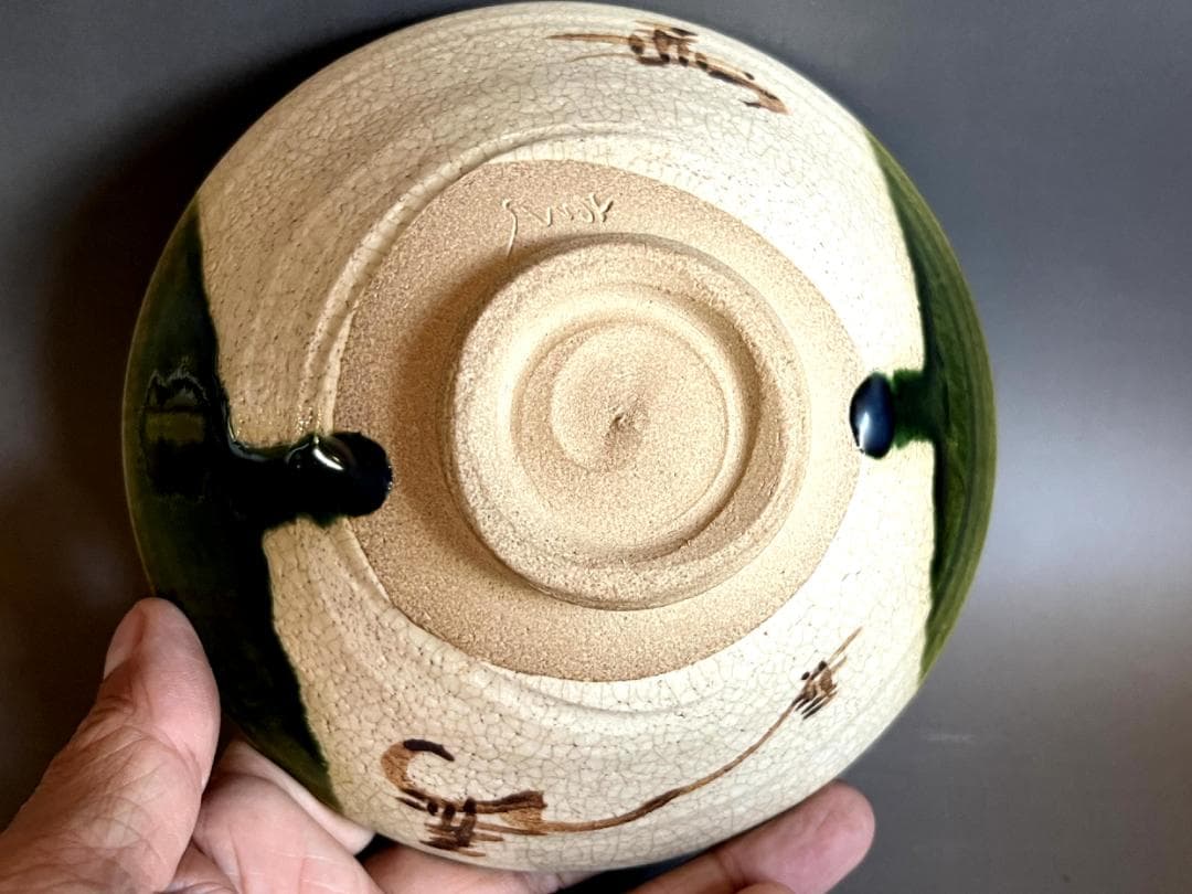 茶碗■織部焼き 六兵衛 平茶碗 抹茶碗 お茶道具 古美術 時代物 骨董品■