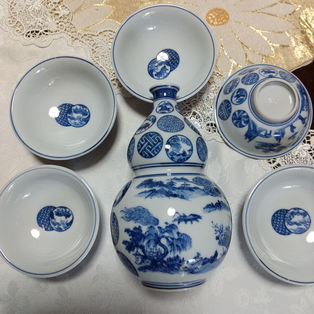 希少品　京焼　清水焼　北村賀善　祥瑞丸紋　徳利と盃　5客