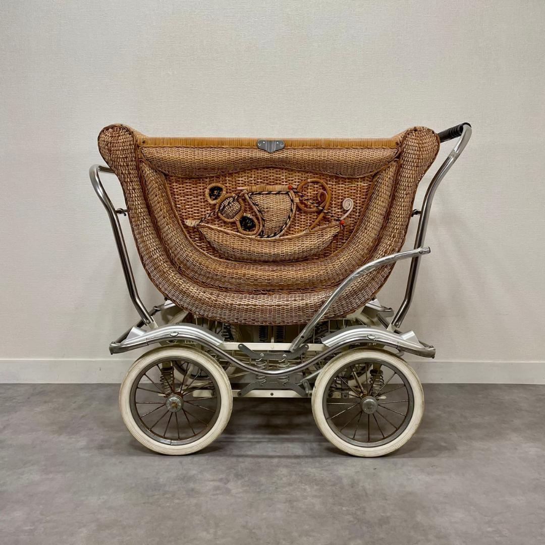 ヴィンテージ 乳母車 ベビーカー ラタン 昭和レトロ 籐 オブジェ ビンテージ