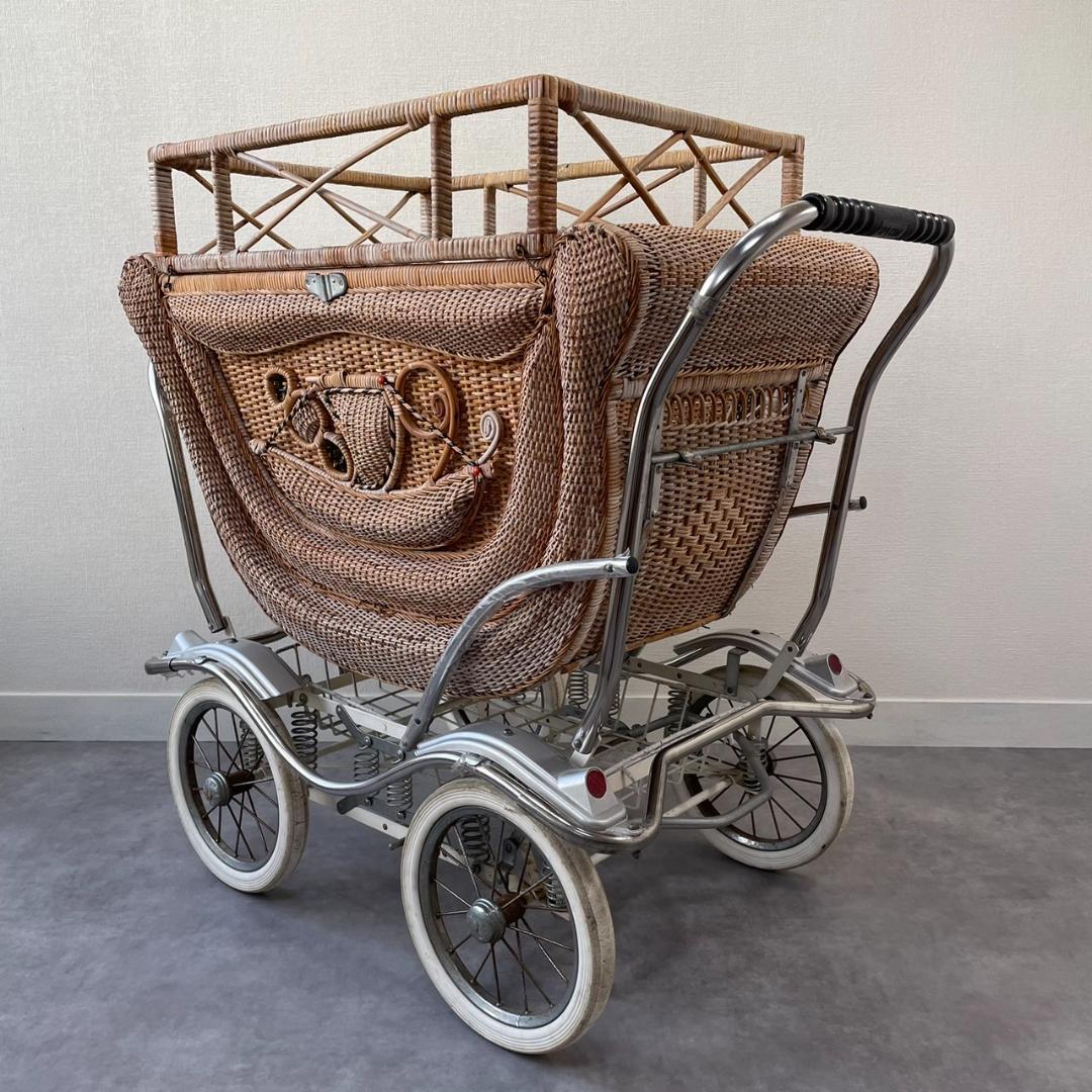ヴィンテージ 乳母車 ベビーカー ラタン 昭和レトロ 籐 オブジェ ビンテージ