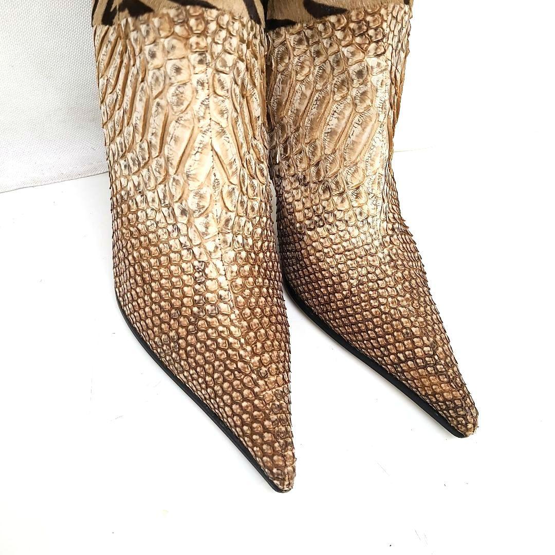 銀座カネマツ アニマルパターンロングブーツ 24.0　ハラコ　クロコダイル