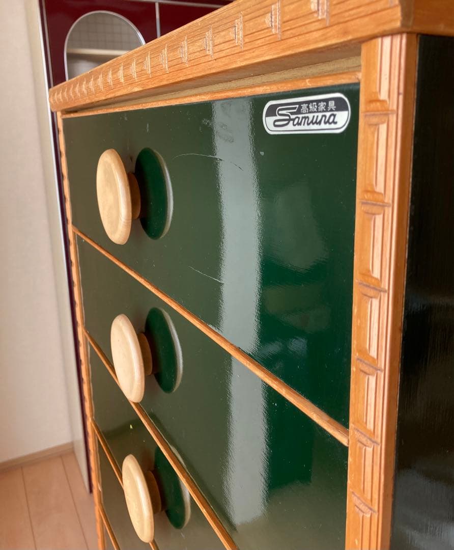 古家具　タンス　引き出し　7段　濃緑色、深緑系　サムラ工芸K.K 昭和レトロ