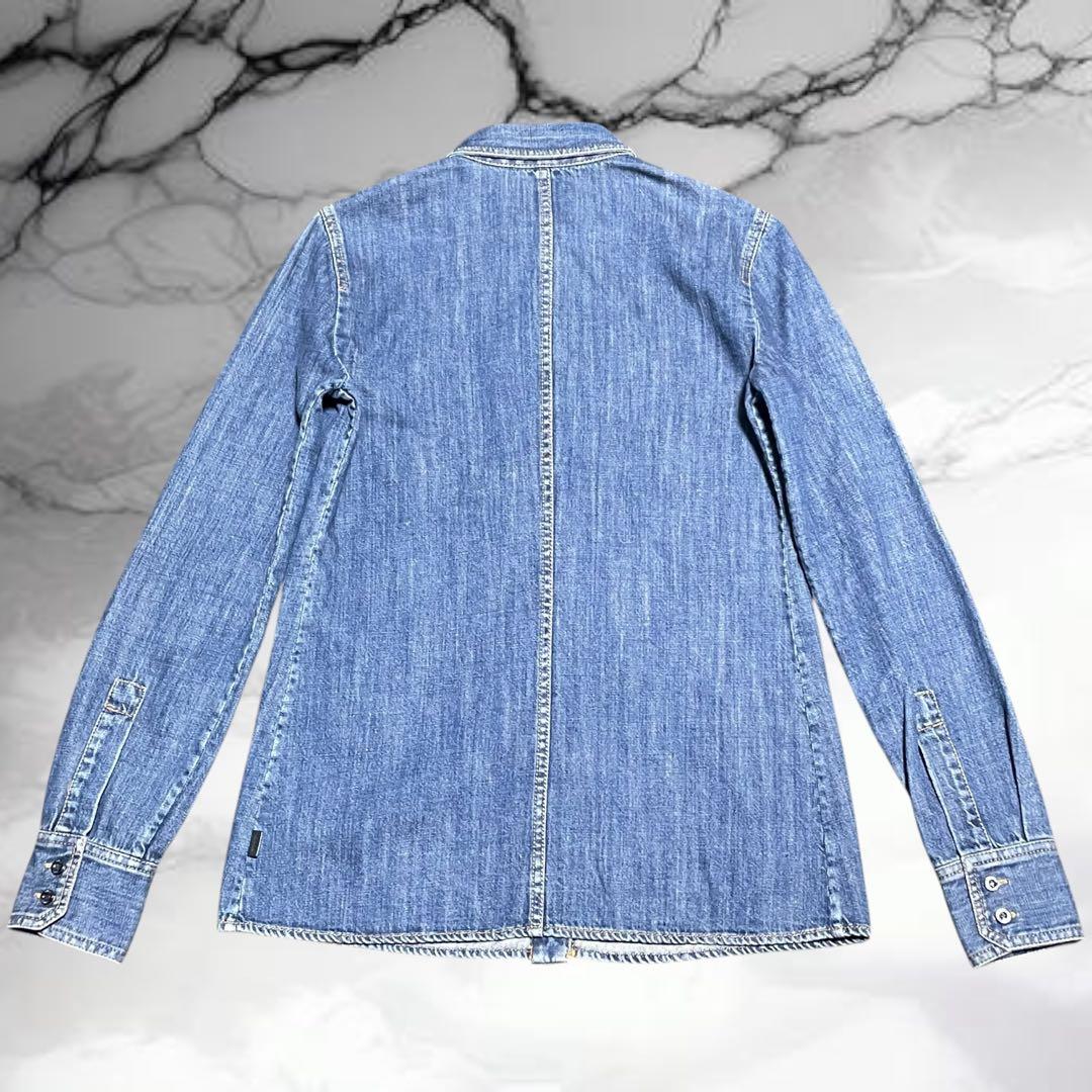 【グッチ】美品デニム フリルシャツ インディゴ ロゴボタン レザータグ 紺 40