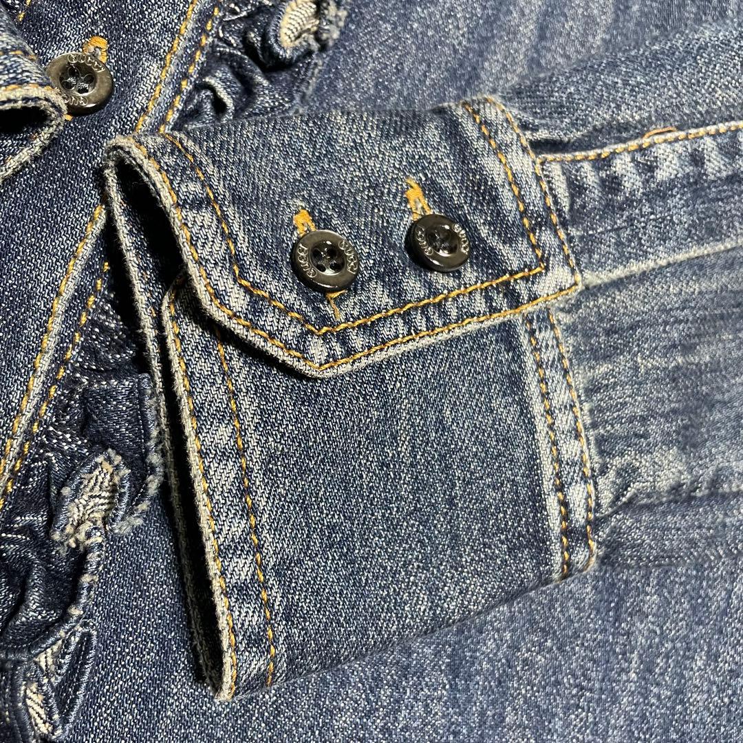 【グッチ】美品デニム フリルシャツ インディゴ ロゴボタン レザータグ 紺 40