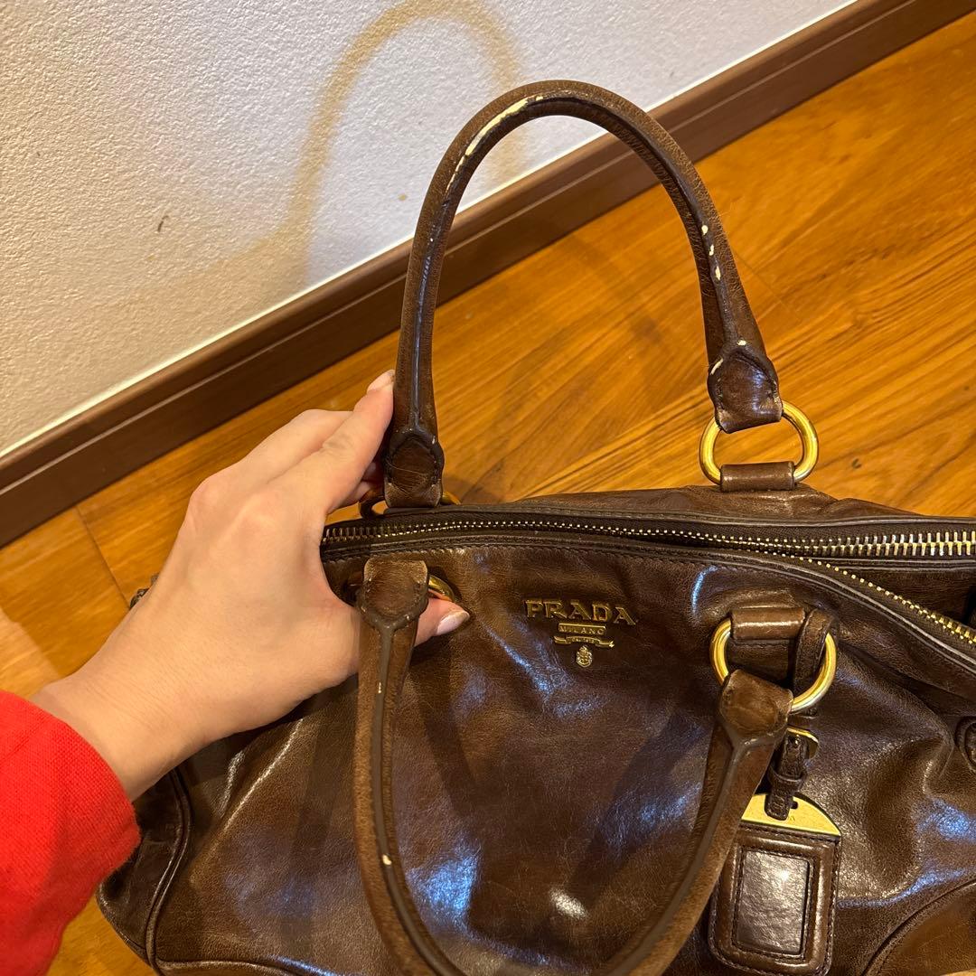 PRADA ブラウンレザー ハンドバッグ　ヴィンテージ加工　プラダ