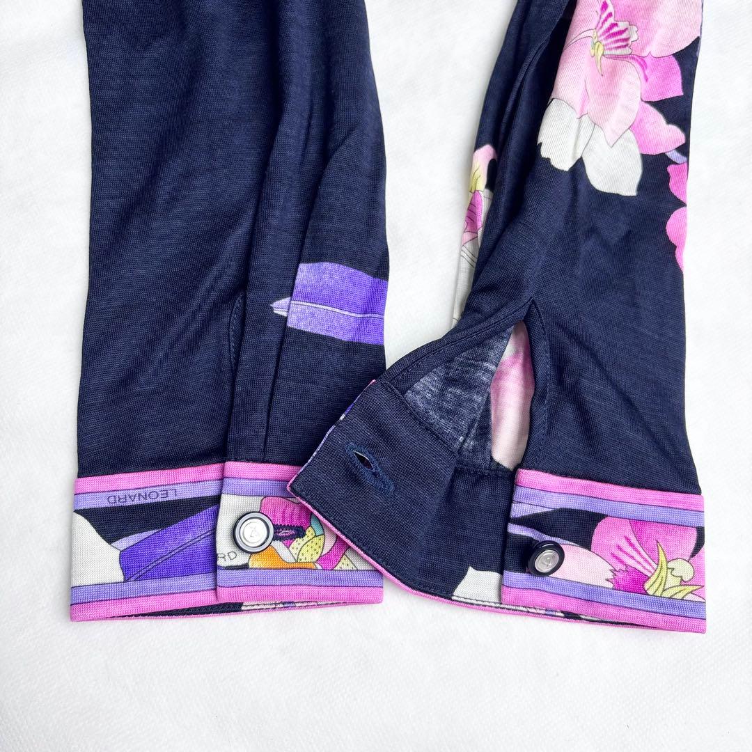 レオナール シルク混 ボウタイ花柄ブラウス トリム 長袖 比翼ボタン 胡蝶蘭 L