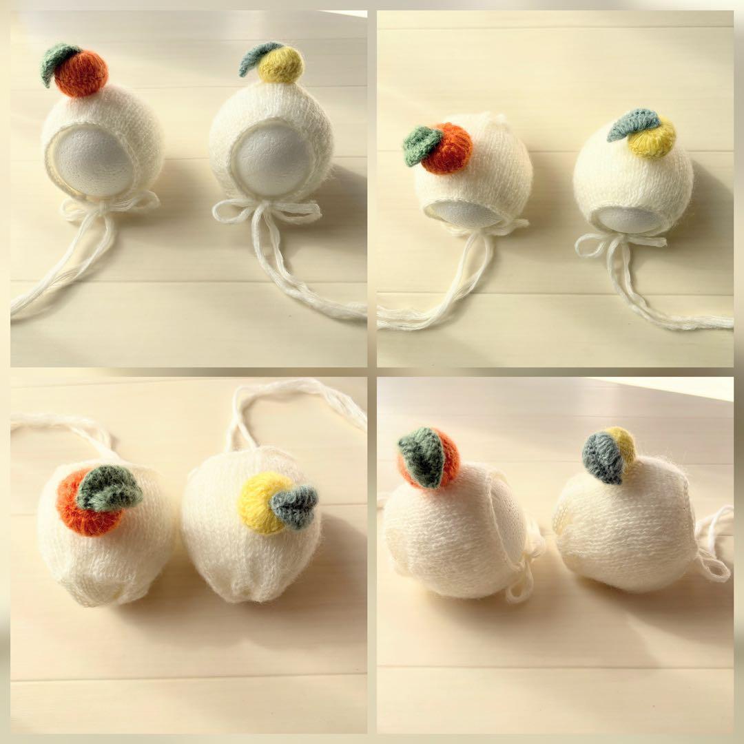 オレンジ♪鏡餅ボンネット 編み込みロンパースセット　ニューボーンフォト撮影衣装