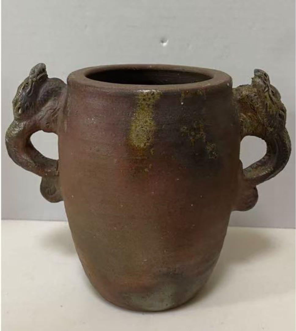 陶器骨董 雙龍型耳付花器 時代 物希少物