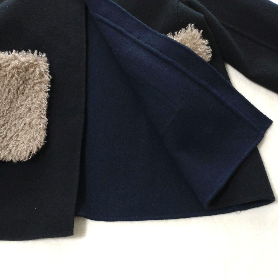 マーレンダム　ハーフリバーコート　ノーカラー　ウール　ボアポケット　黒　40