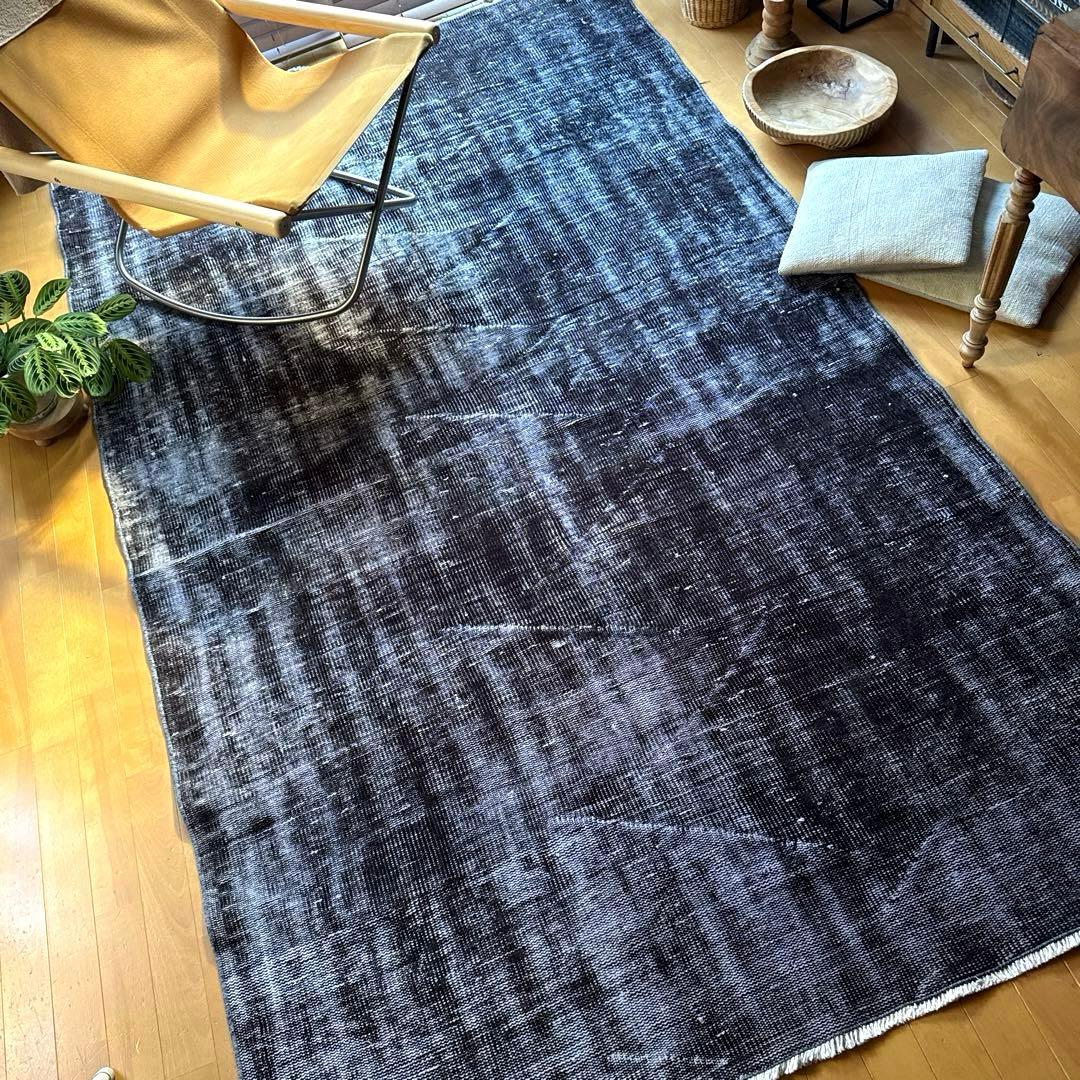 大判151×260 オーバーダイ　ブラックダークグレイ　トルコヴィンテージラグ