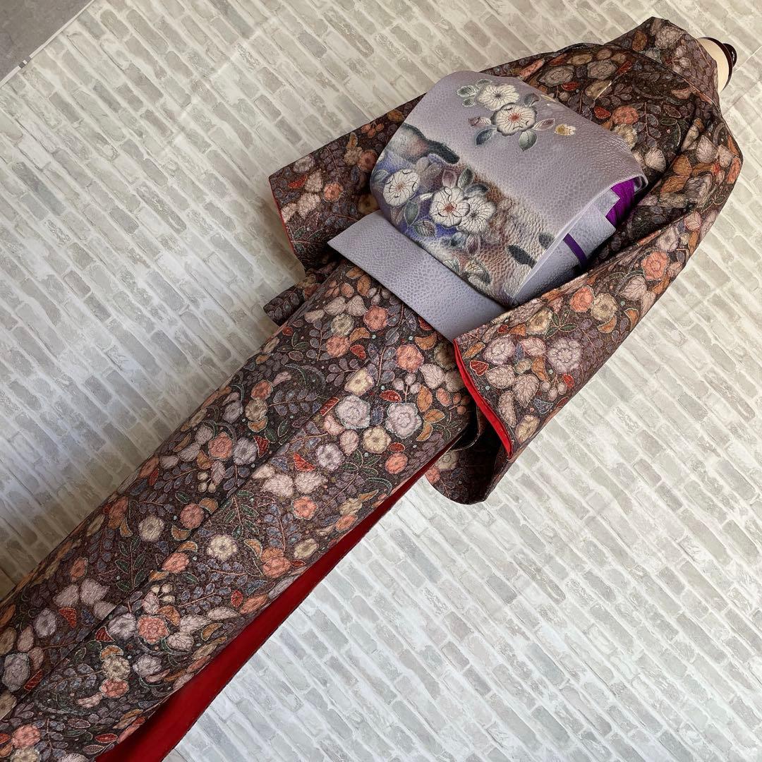 小紋　フルセット　辻ヶ花　ブラウン系　着物　L5