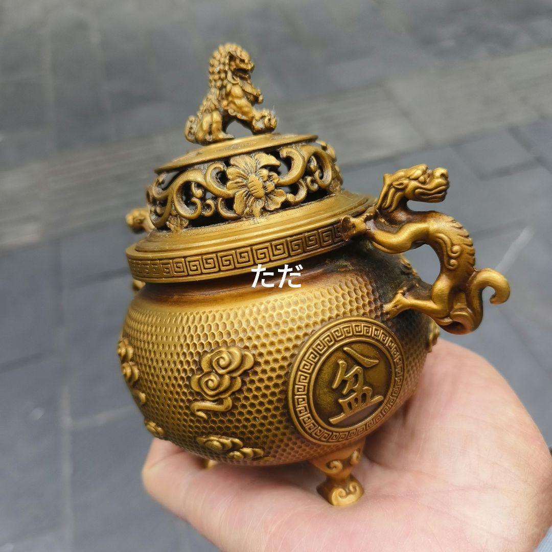 銅器 獅子蓋聚宝盆双耳三足香炉 銅炉 室内薫香炉 工芸品 置物