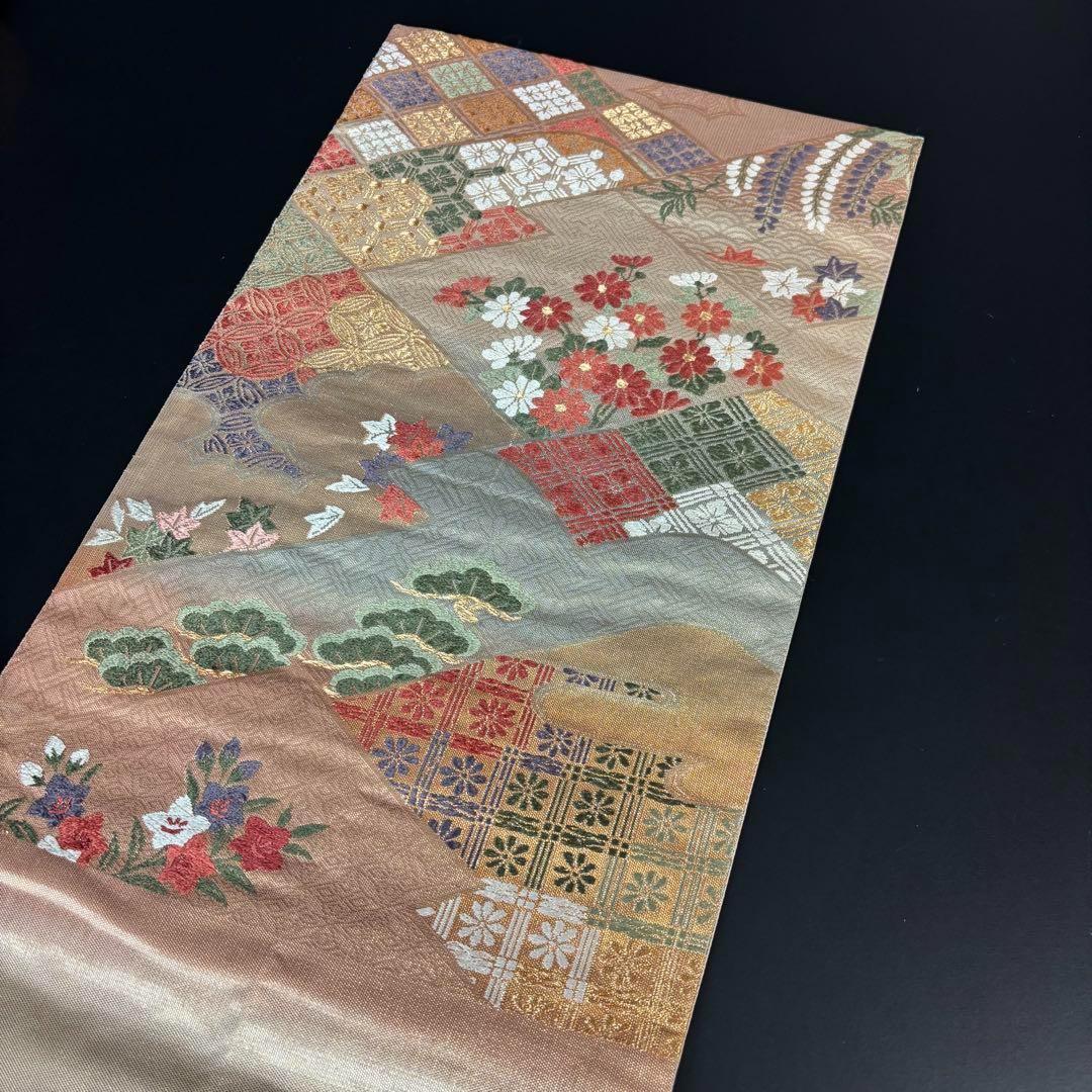 YU-034 袋帯 西陣織 藤 菊 楓 六通 正絹 名品 高級