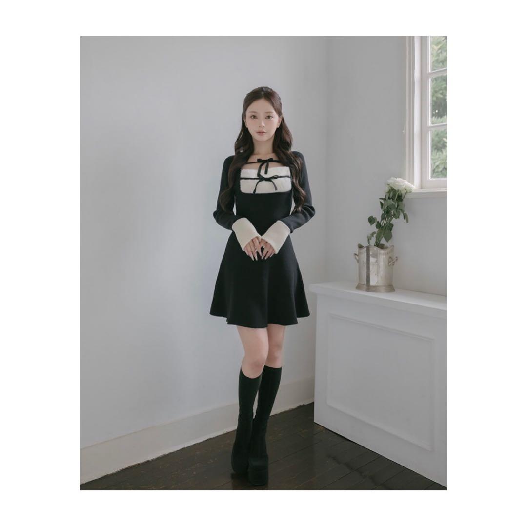 リボンファーフレアニットミニワンピース