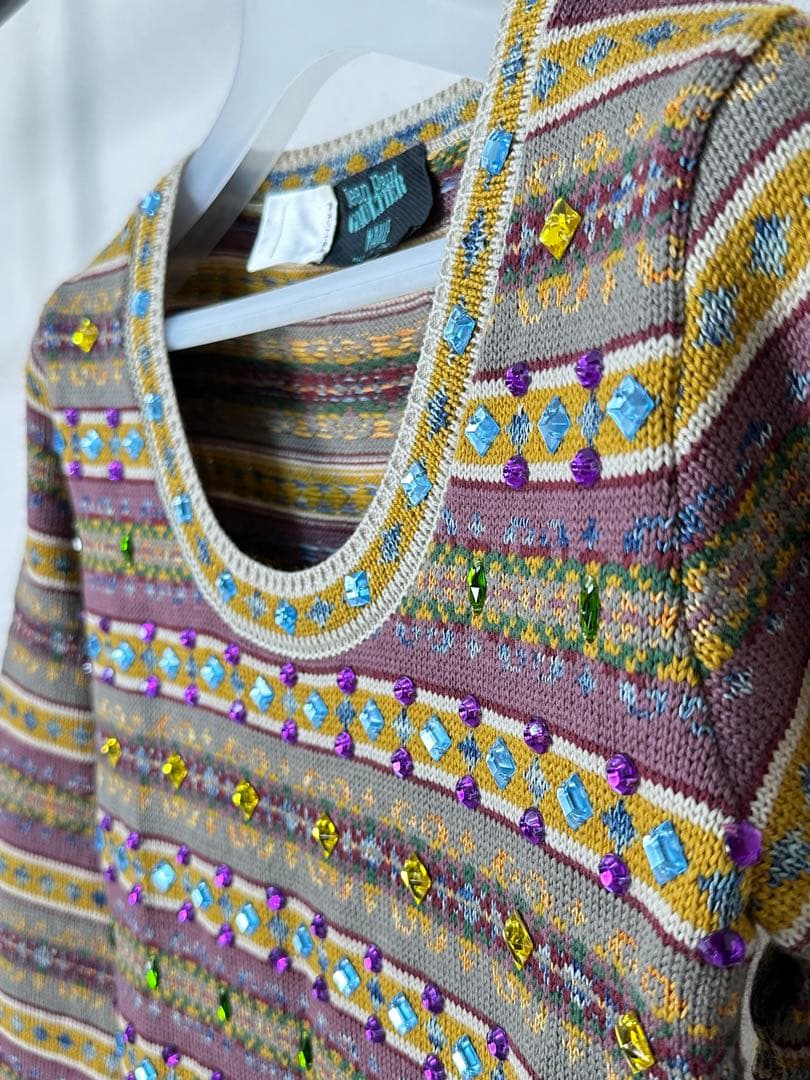 ジャンポールゴルチェマイユ クリスタルビジュー装飾 総柄ニットワンピース