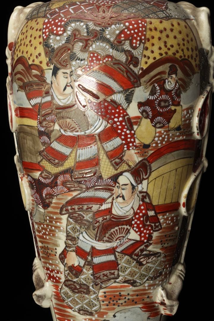 薩摩焼 色絵金彩 武者人物図大花瓶 54㎝ 耳付 飾壺 古美術 骨董品 時代物