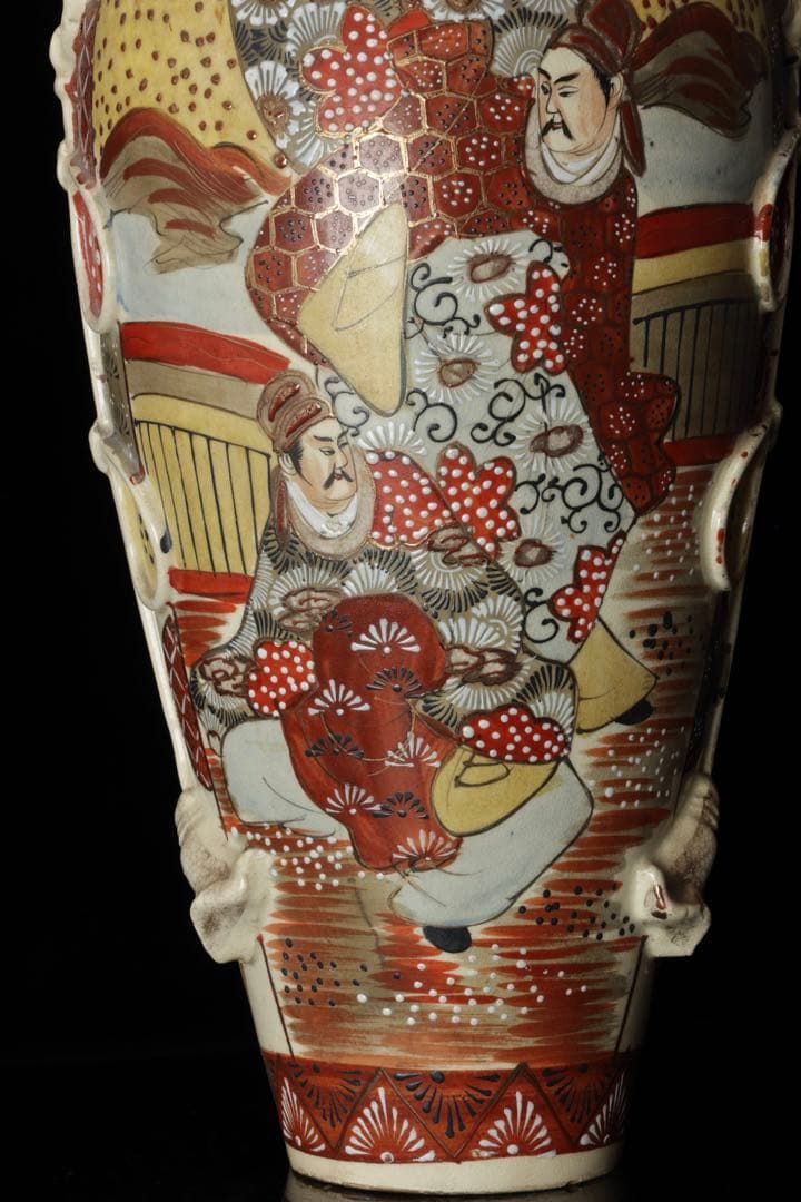 薩摩焼 色絵金彩 武者人物図大花瓶 54㎝ 耳付 飾壺 古美術 骨董品 時代物