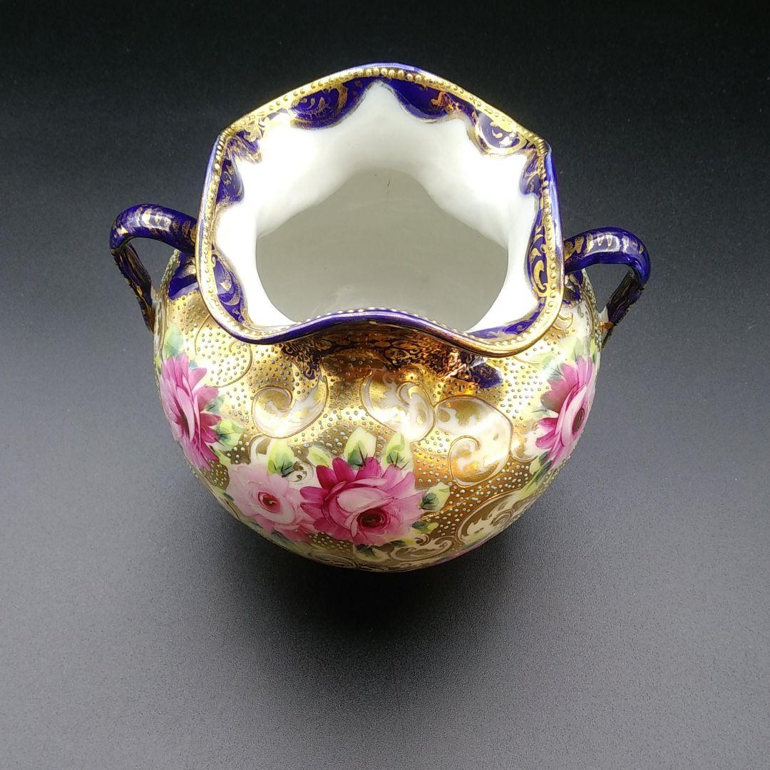 オールドニッポン コバルト 金盛り アクアビーディング 薔薇 花瓶