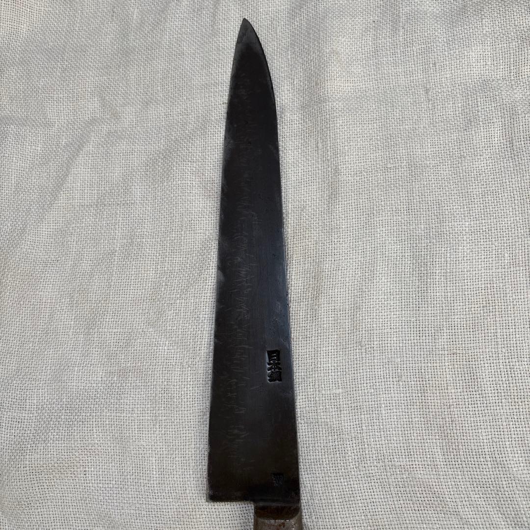 中古　研ぎ済み包丁3点　出刃包丁(木屋)、牛刀(かね惣)、刺身包丁(堺　重光)