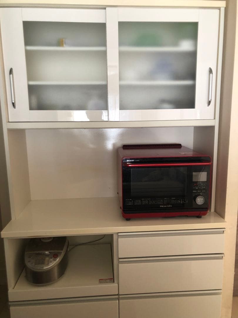 ホワイト食器棚 中型 ガラス扉 引き出し付き