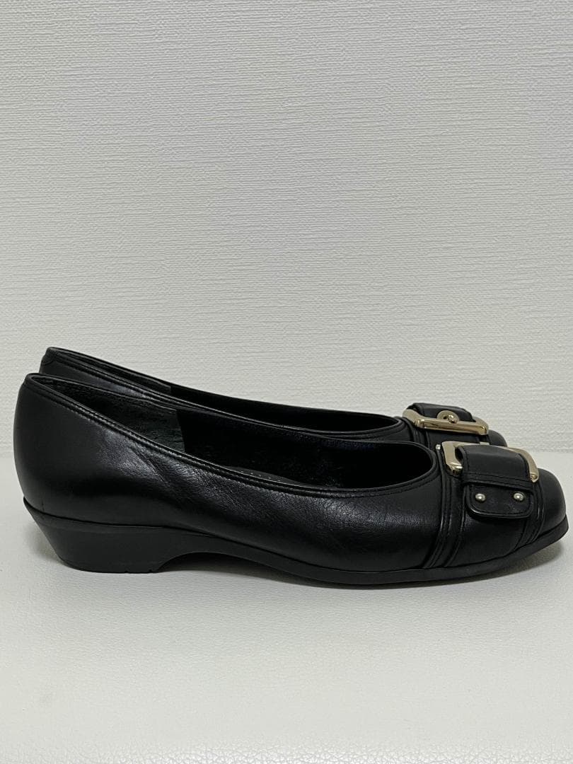 未使用級☆ REGAL ビッグ バックル レザー フラット パンプス 黒 23