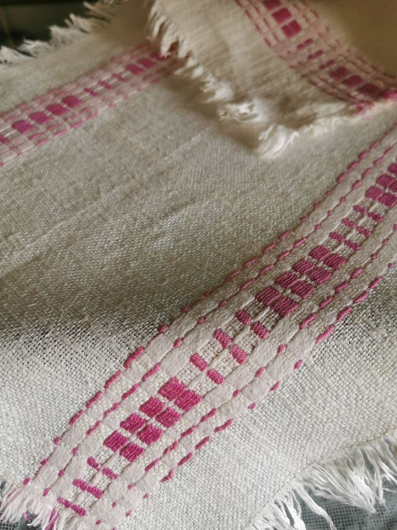 ヴィンテージ フランス ラズベリー桜ピンク織刺繍 プレイスマット リネンランナー