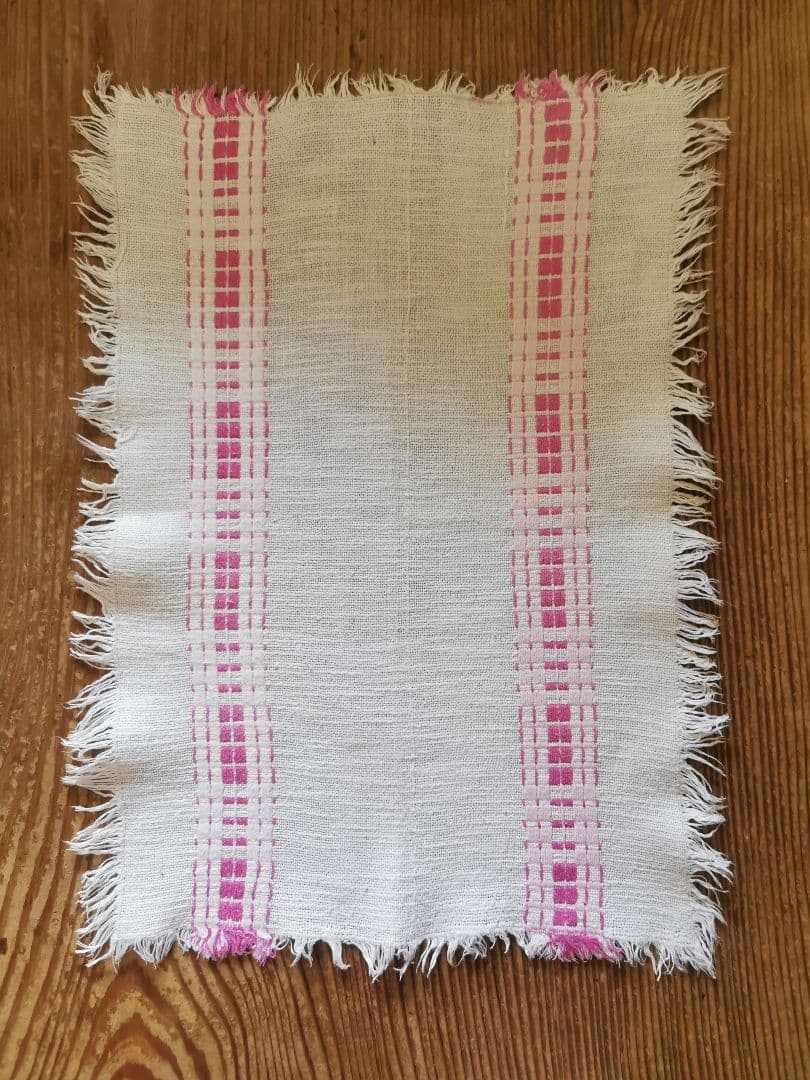 ヴィンテージ フランス ラズベリー桜ピンク織刺繍 プレイスマット リネンランナー