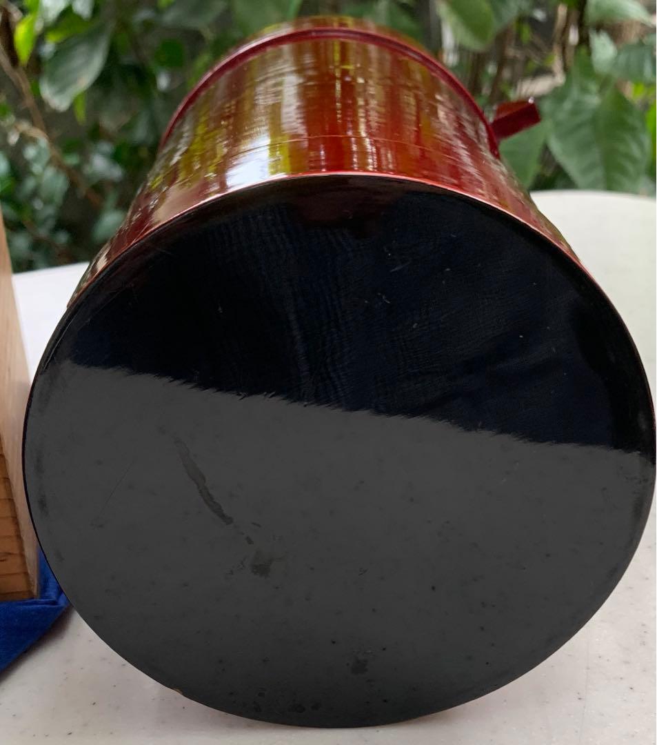 飛騨高山　紅春慶塗　日光桶花器　漆器　伝統工芸　共箱　布(青)